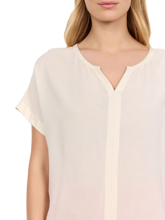 Women's Summer Blouse Short Sleeve with V Neckline Ecru