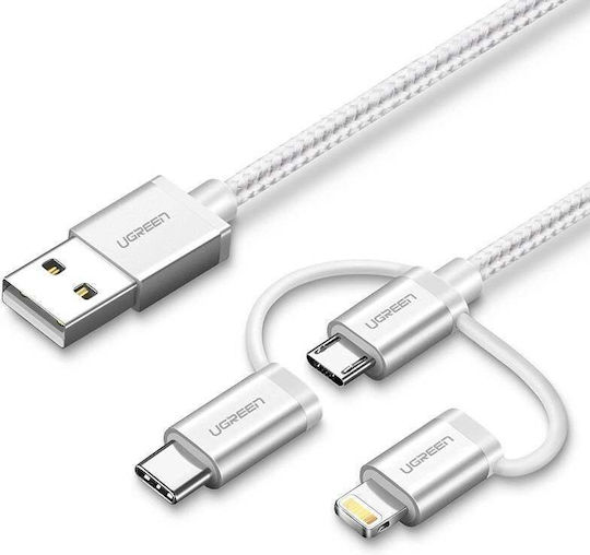 Ugreen Braided Cablu USB la Type-C / micro USB / Lightning cu mai multe porturi 3A Gri 1m (80825)