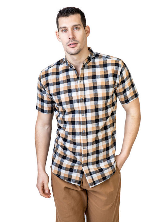 Pronomio Men's Shirt Short Sleeve Cotton Checked Beige (sand)