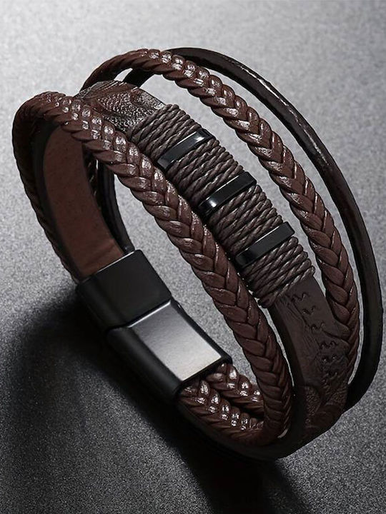 Men's Stainless Steel Bracelet with Quadruple Brown Leather.