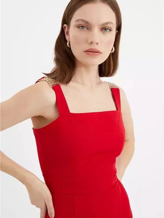 Sateen Women's Summer Crop Top with Straps & Zipper Red