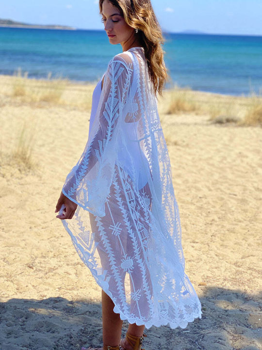 Achilleas Accessories Feminin Lung Kimono de Plajă Alb