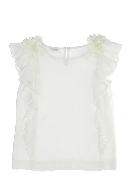 Monnalisa Short Sleeve Blouse with Flowers On Shoulders 175603F5 5107-0001 Girl