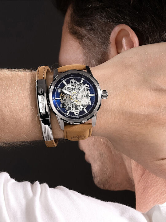 Timberland Ανδρικό Ρολόι 46mm Αυτόματο με Καφέ Δερμάτινο Λουράκι