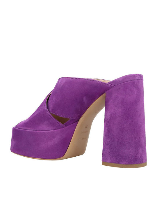 Suede Mules με Χοντρό Ψηλό Τακούνι σε Μωβ Χρώμα