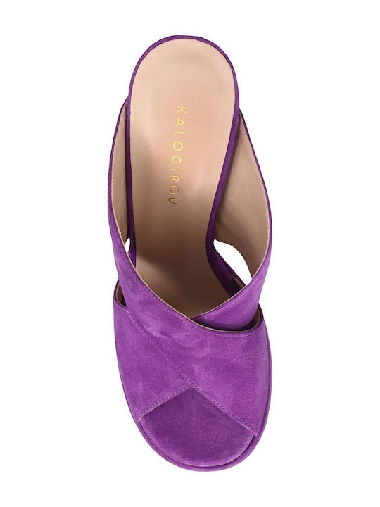 Suede Mules με Χοντρό Ψηλό Τακούνι σε Μωβ Χρώμα