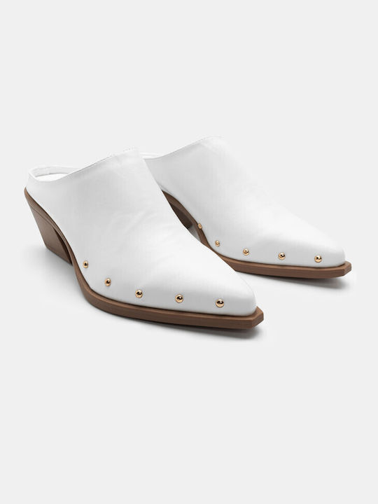 Luigi Chunky Heel Leather Mules White