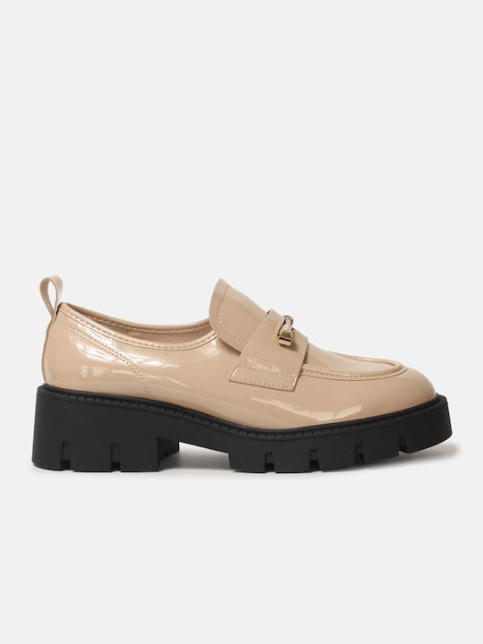 InShoes Μεταλλική Λεπτομέρεια Patent Leather Women's Loafers in Beige Color