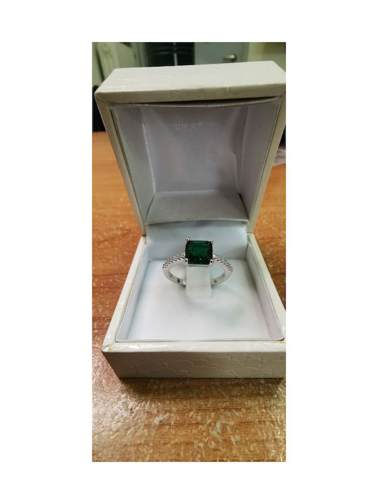 Single Stone Ring Silver 925 Platinum Plated with Green Zircon Stone and White Stones on the Side Size 52/12