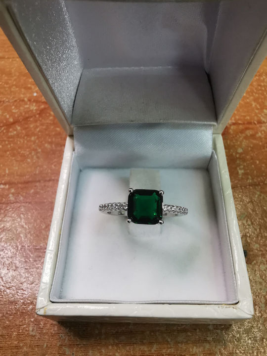Single Stone Ring Silver 925 Platinum Plated with Green Zircon Stone and White Stones on the Side Size 52/12