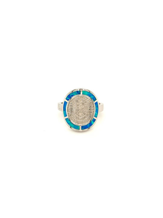 Women's Ring, Silver (925°) Plated, Phaistos Disc with Synthetic Opal - Blue