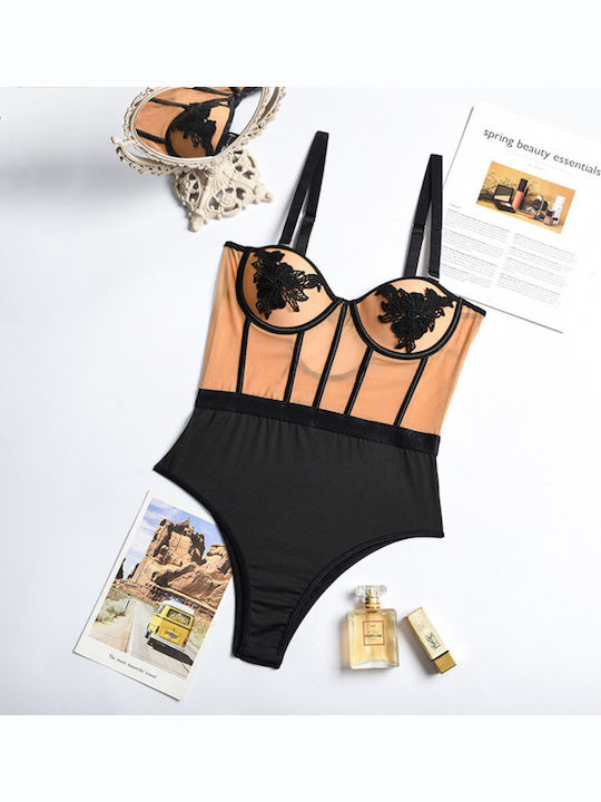 Lingerie Bodysuit with Mesh & Lace Black