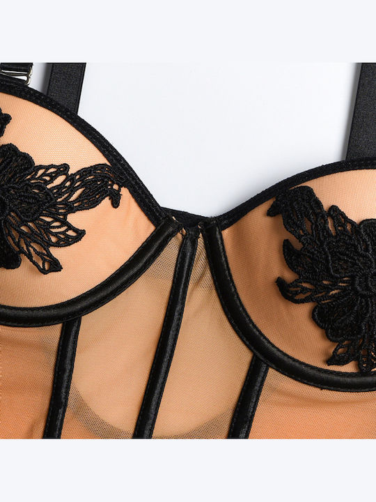 Lingerie Bodysuit with Mesh & Lace Black