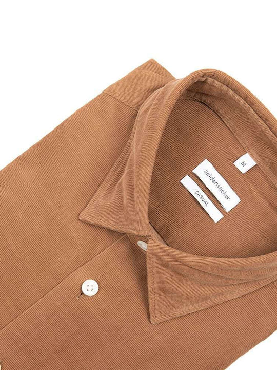 SEIDENSTICKER MEN'S CORDUROY SHIRT BROWN CASUAL FIT WITH EMBROIDERY COLLAR