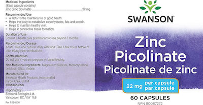 Swanson Picolinate 22mg 60 κάψουλες Strengthens Immune System and Treats Acne