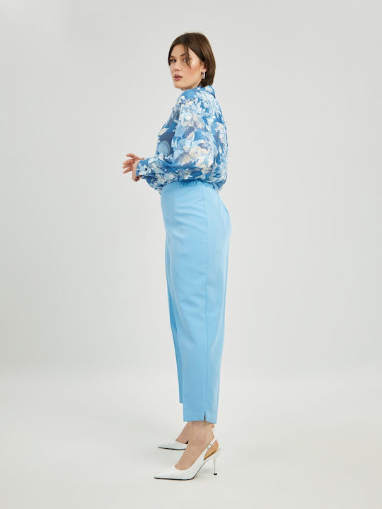 Mat Fashion Women's Crepe Trousers with Elastic in Straight Line Light Blue