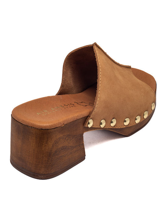 Leather Mules with Chunky Low Heel in Brown Color