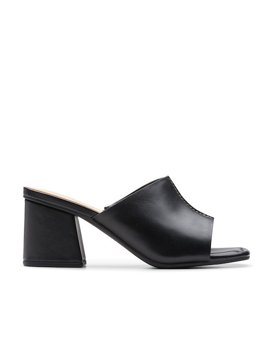 Clarks Chunky Heel Leather Mules Black