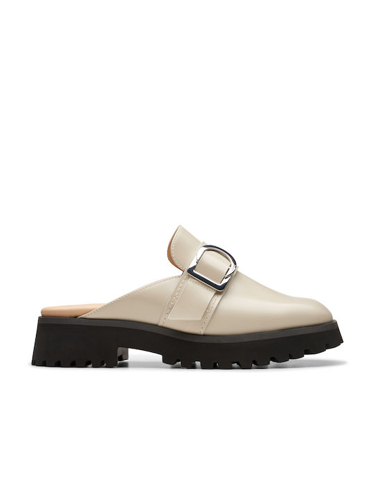 Clarks Flat Leather Mules Beige