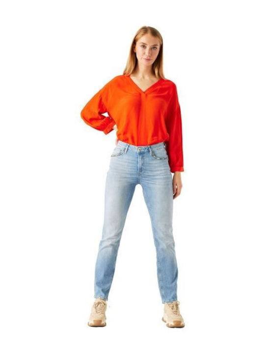 Damen Sommer Bluse Langärmelig mit V-Ausschnitt Rot