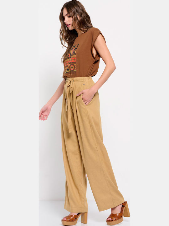 Women's High-waisted Fabric Trousers with Elastic Oat Milk