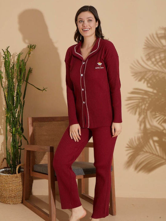 Marilyn Mood Winter Damen Pyjama-Set Baumwolle Bordeaux