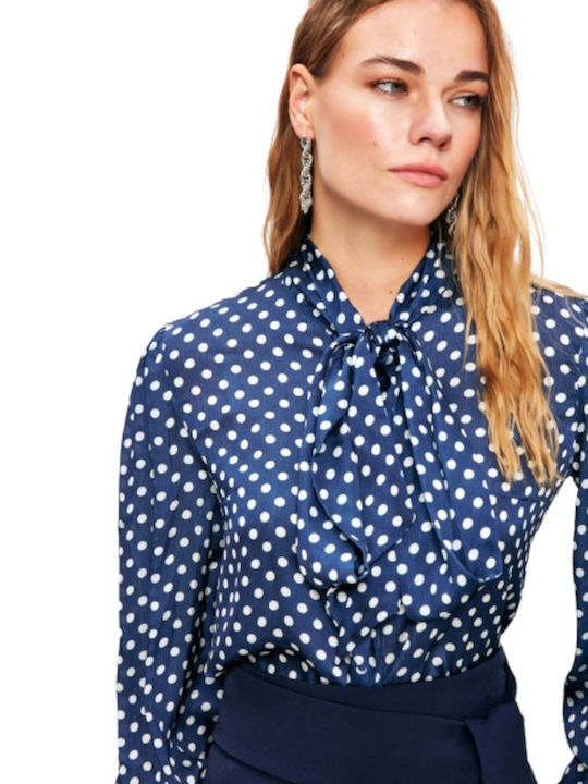 Langärmelig Damen Hemd Blau Polka Dot