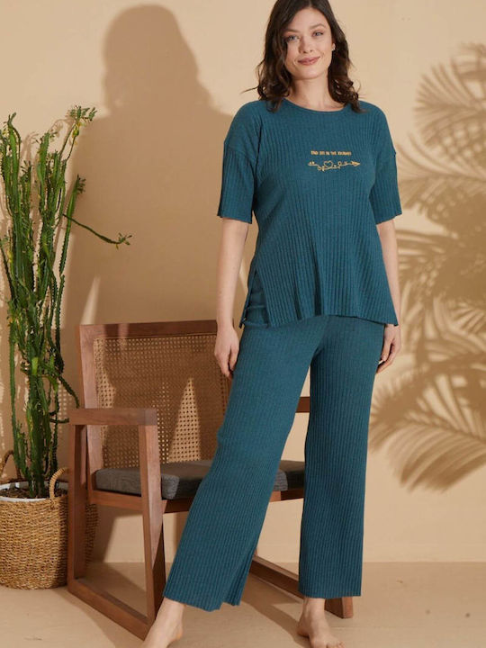 Marilyn Mood Winter Women's Pyjama Set Cotton Petrol Blue