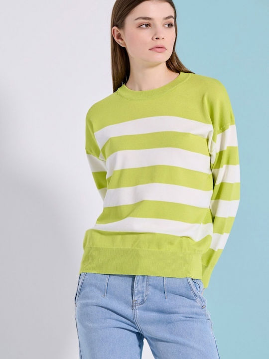 Matis Fashion Women's Long Sleeve Sweater with Boat Neckline Striped Green