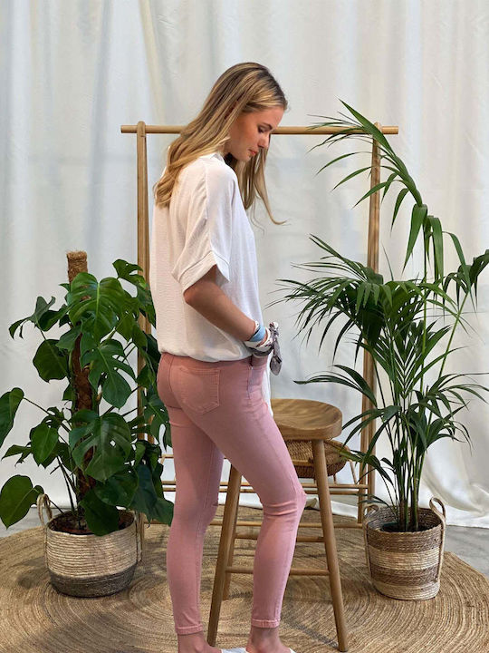 Ψηλόμεσο Γυναικείο Jean Παντελόνι με Σκισίματα Ροζ