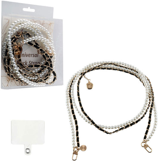 Volte-tel Neck Strap - Lanyard For Cases White Pearls With Black Leather-gold Metal Vt424 120cm Volte-tel