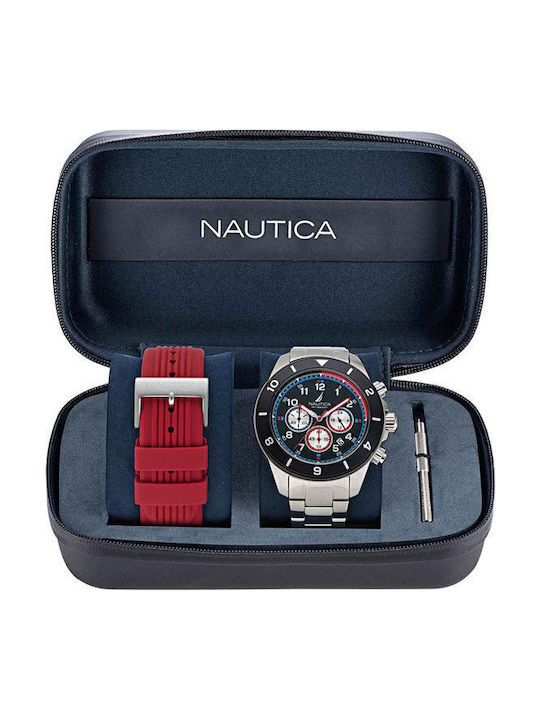 Nautica Ανδρικό Ρολόι 48mm Χρονογράφος Μπαταρίας με Ασημί Μεταλλικό Μπρασελέ