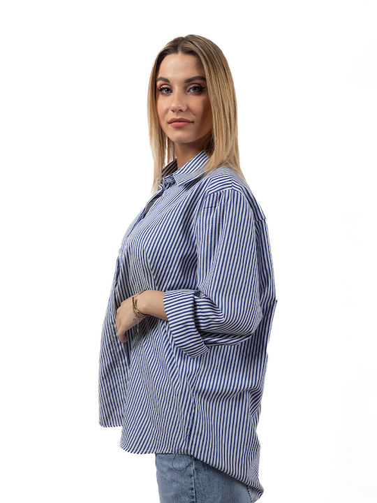 New Collection Mânecă lungă Femei Cămașă Blue Cu dungi