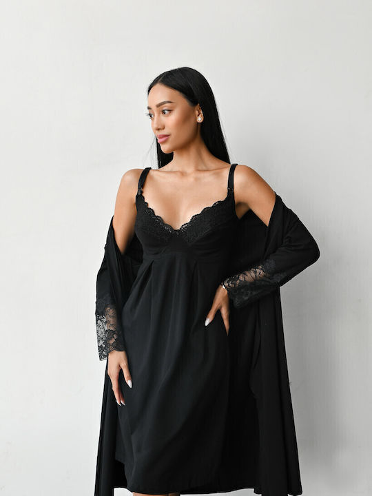 EasyMum Nightdress with Maternity Robe & Nursing Black