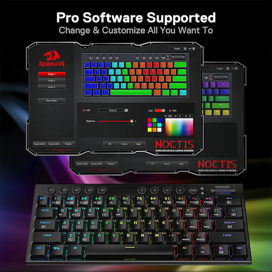 Redragon Noctis K632 Pro Ασύρματο Gaming Μηχανικό Πληκτρολόγιο 60% με Custom Red διακόπτες και RGB φωτισμό (Αγγλικό US) Κόκκινο
