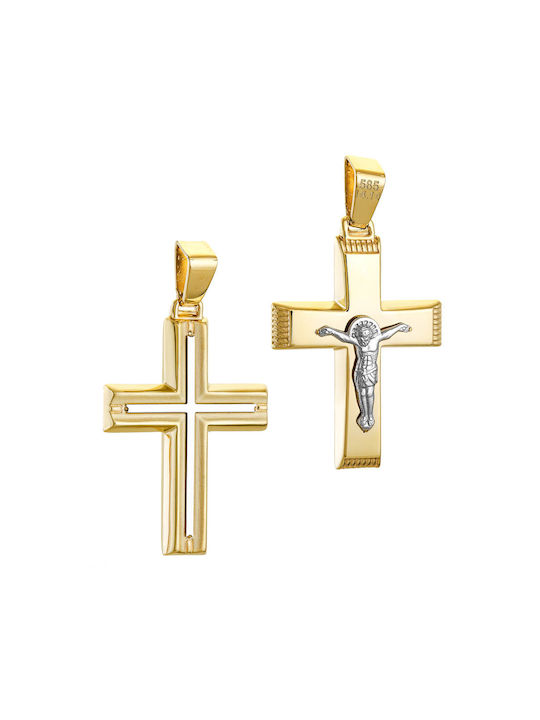 Papoulidis Jewellery Χρυσός Σταυρός 14K Διπλής Όψης με τον Εσταυρωμένο με Αλυσίδα