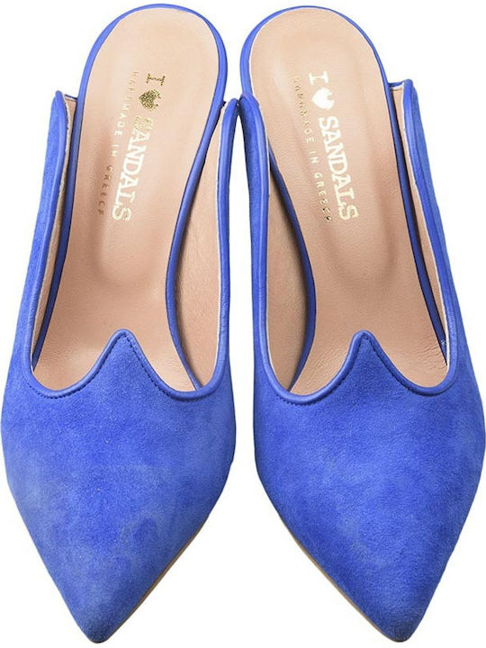 Mules with Thin High Heel in Blue Color