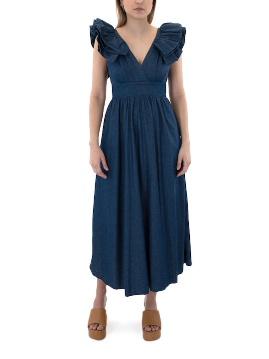 Moutaki Maxi Dress with Ruffle Blue