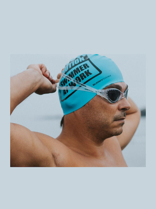 Buddyswim Caution Swimmer At Work Къпане Шапка За Възрастни Светлосиня Buddyswim Caution Swimmer At Work Къпане Шапка За Възрастни Светлосиня