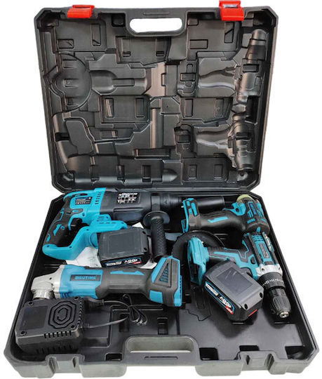 Cordless Set Angle Wheel & Drill & Impact Drill Driver & Impact Driver & Hammer with 2 Batteries and Case