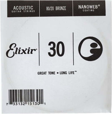 Elixir Single 80/20 Bronze String for Acoustic Guitar Nanoweb 80/20 Bronze Acoustic String .030"