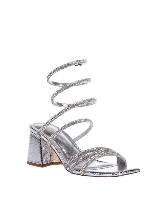 Menbur Leather Women's Sandals Silver with Medium Heel