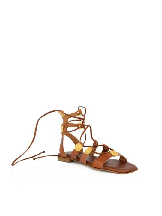 Komis & Komis Leather Women's Flat Sandals in Tabac Brown Color