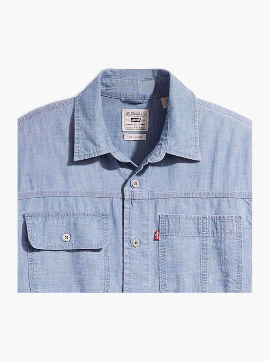 Worker Long-sleeved Denim Shirt in Wide Line Light Blue