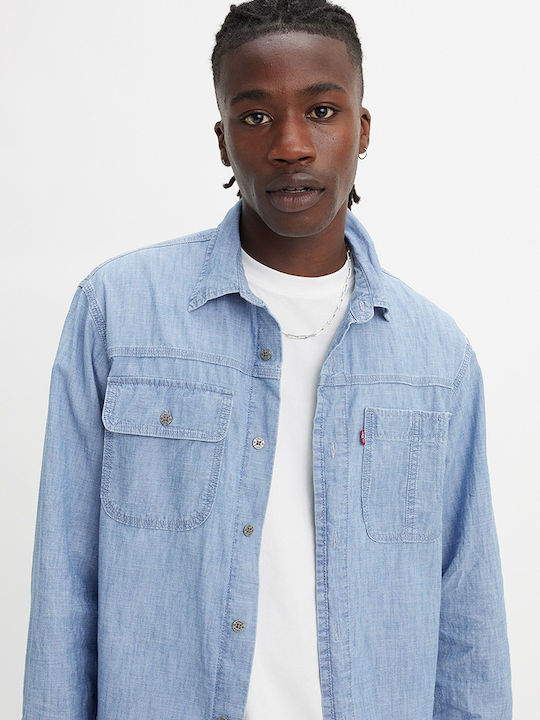 Worker Long-sleeved Denim Shirt in Wide Line Light Blue