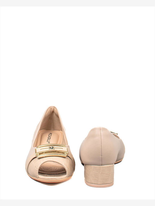 Peep Toe Γόβες με Χαμηλό Τακούνι Μπεζ