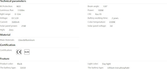 Aigostar Στεγανός Ηλιακός Προβολέας LED 100W Ψυχρό Λευκό 6500K IP67