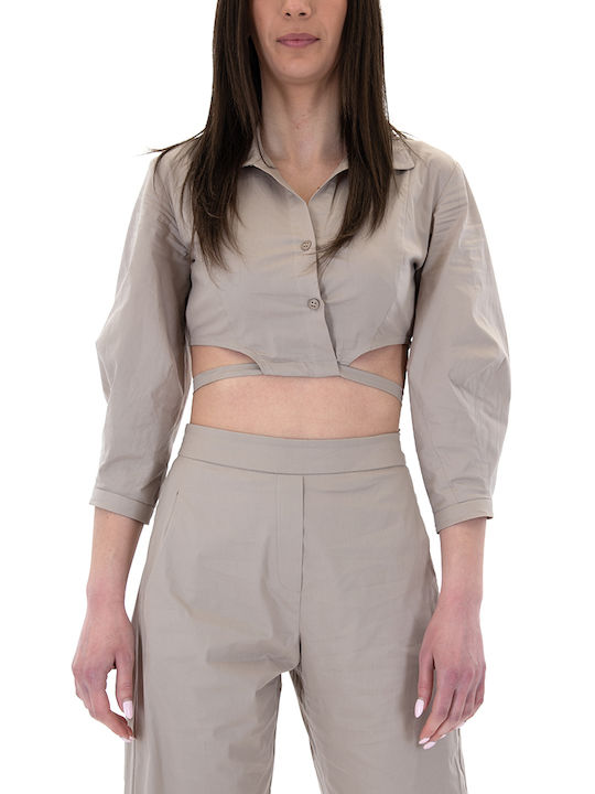 Women's Summer Crop Top Cotton Long Sleeve with Zipper Beige