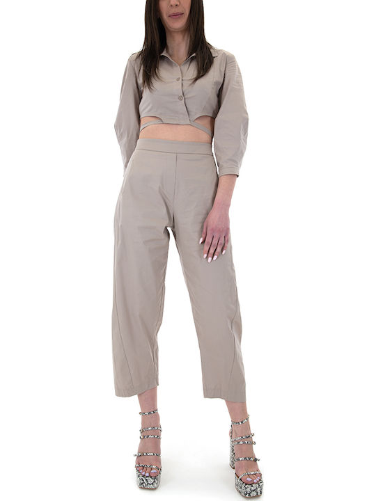 Women's Summer Crop Top Cotton Long Sleeve with Zipper Beige