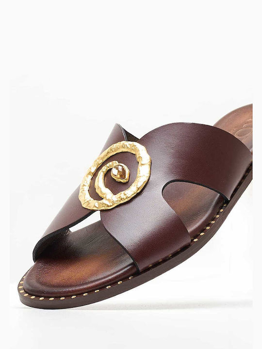 Makis Kotris Leather Women's Flat Sandals in Brown Color